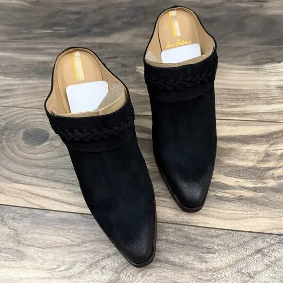 NIB SAM EDELMAN Alison 8M Suede Pointed Toe Stacked Block Heel Mule Black - Picture 4 of 11